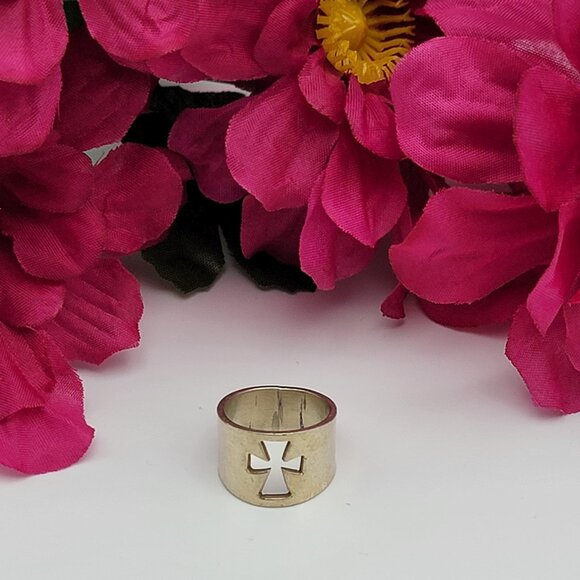 Mexico Jewelry - Vintage Mexico 950 Sterling Silver Cross Ring Size 6 Open Work 14 mm Wide